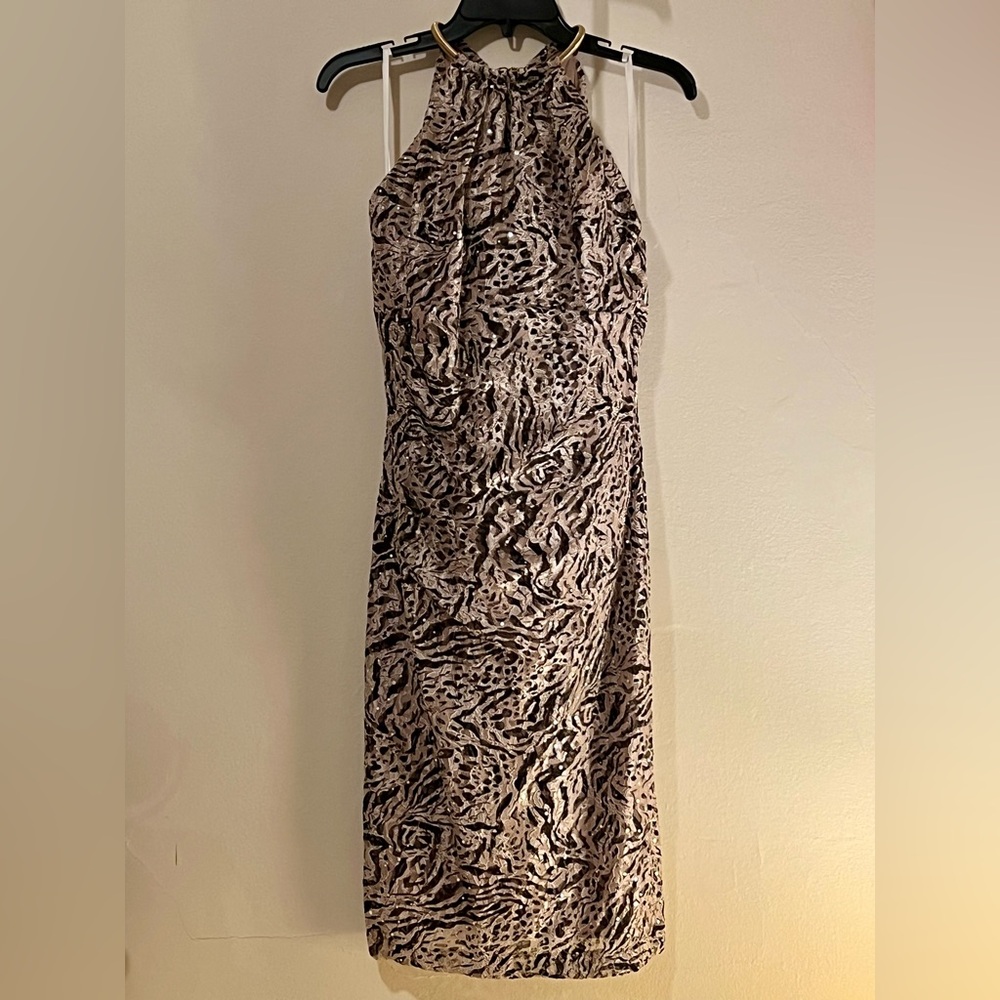 Xscape Black and Cream Animal Print Midi Dress